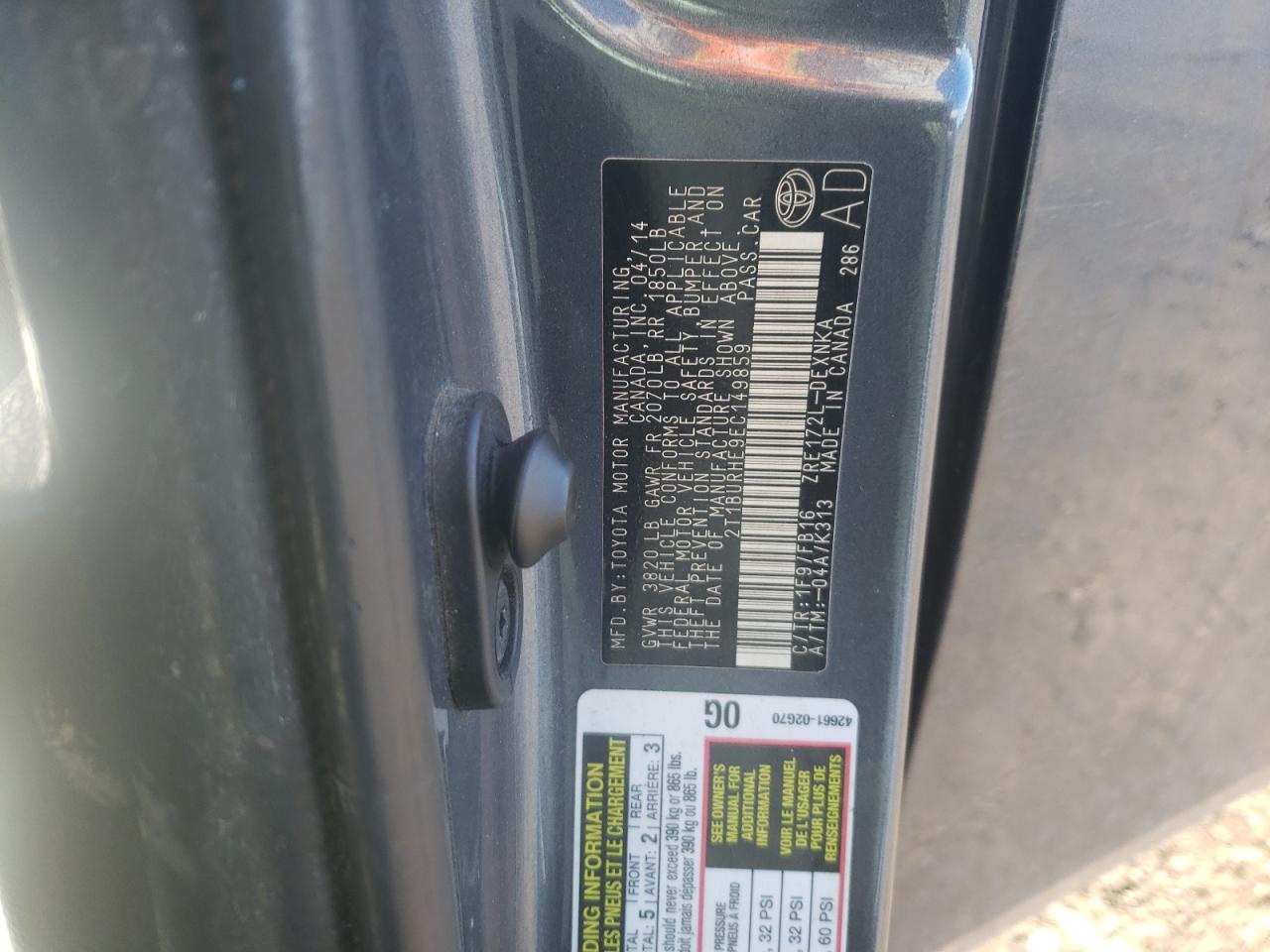 Photo 10 from auction – 2014 TOYOTA COROLLA L with VIN 2T1BURHE9EC149859
