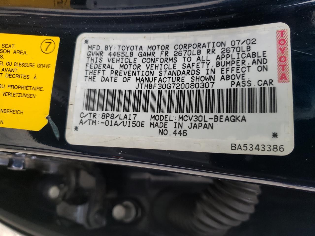 Photo 10 from auction – 2002 LEXUS ES 300 with VIN JTHBF30G720080307