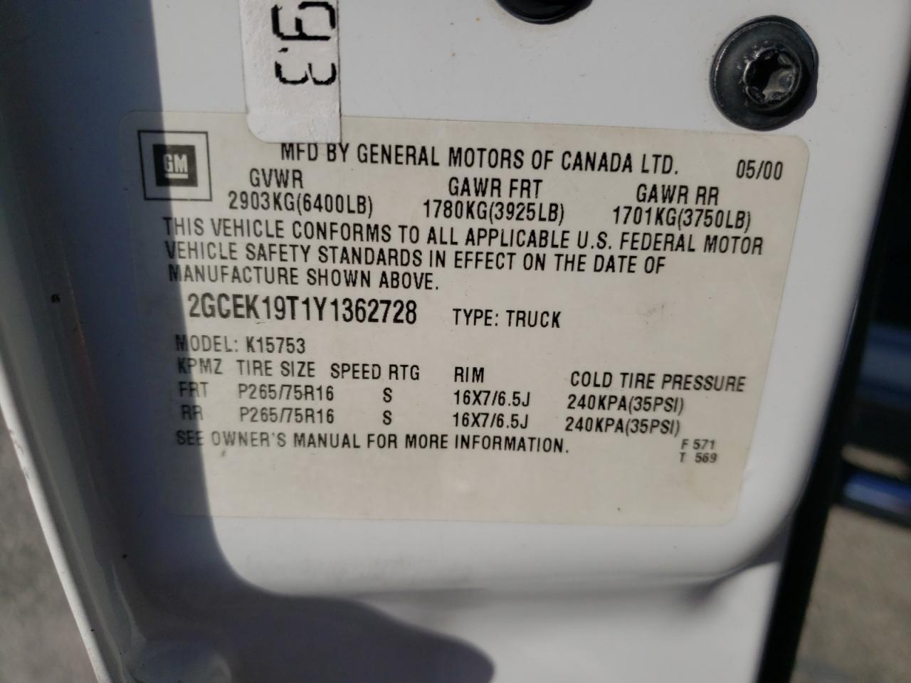 Foto 10 de la subasta – 2000 CHEVROLET SILVERADO con VIN 2GCEK19T1Y1362728