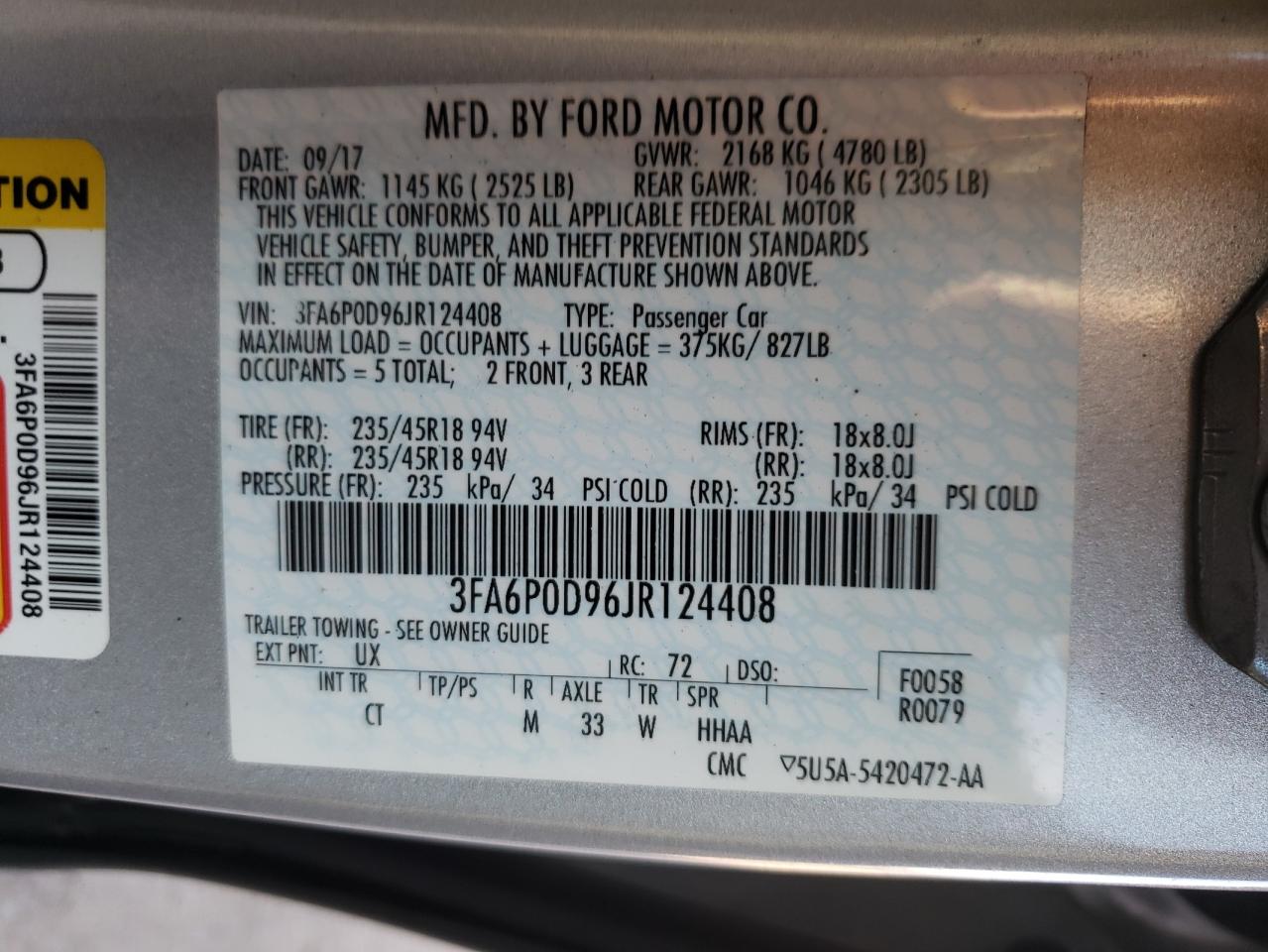 Photo 10 from auction – 2018 FORD FUSION TIT with VIN 3FA6P0D96JR124408