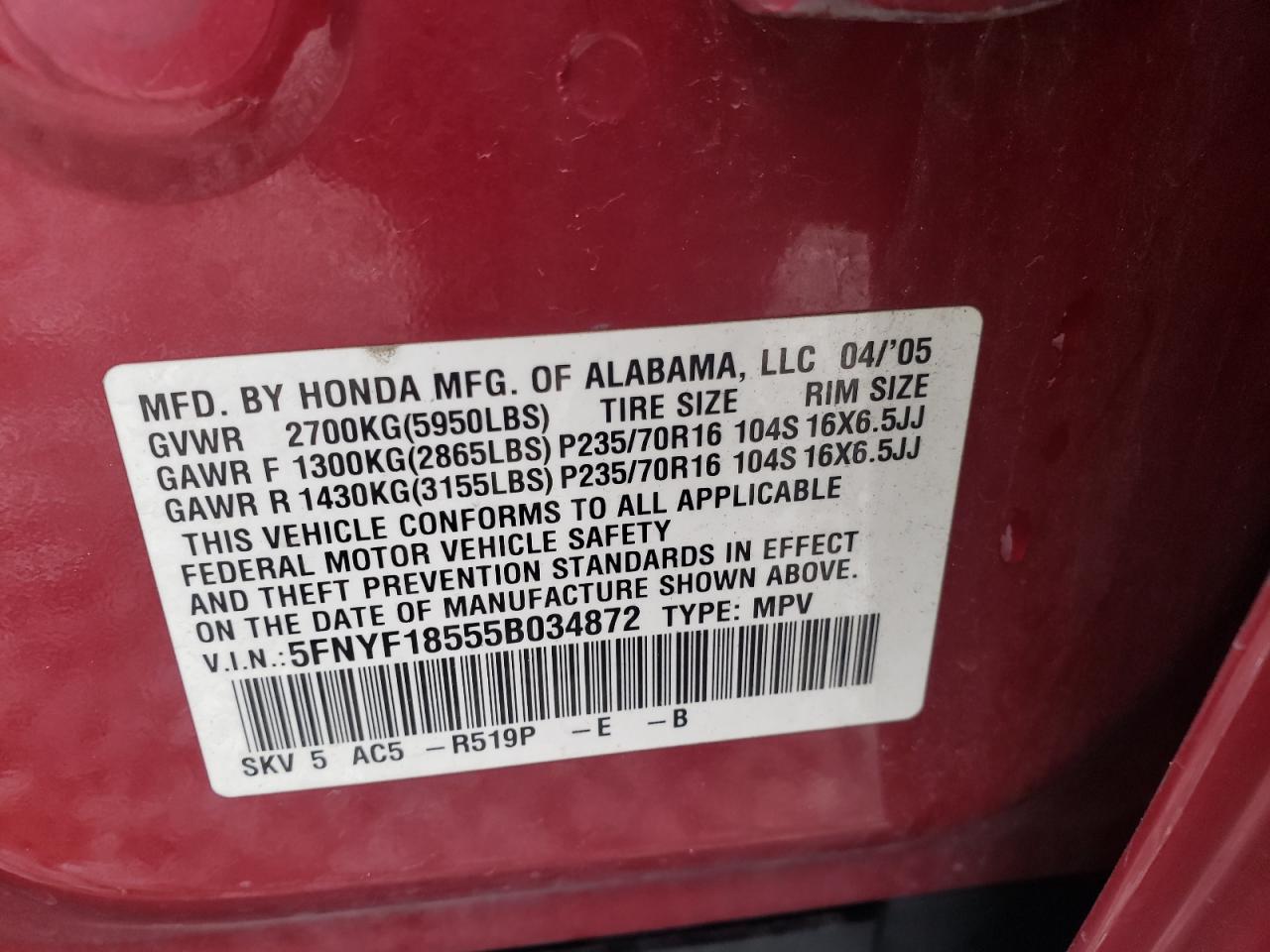 Photo 10 from auction – 2005 HONDA PILOT EXL with VIN 5FNYF18555B034872