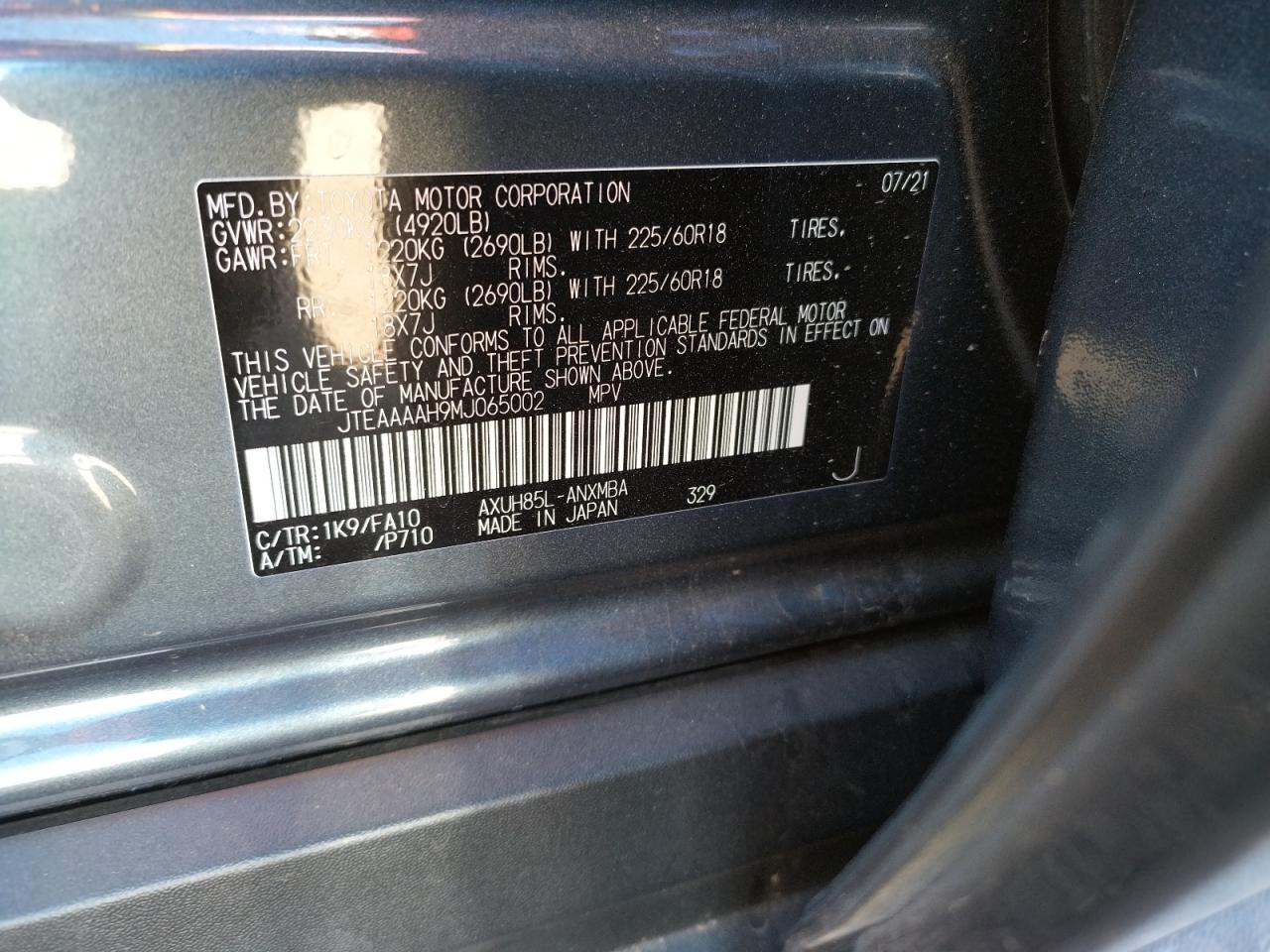 Photo 10 from auction – 2021 TOYOTA VENZA LE with VIN JTEAAAAH9MJ065002