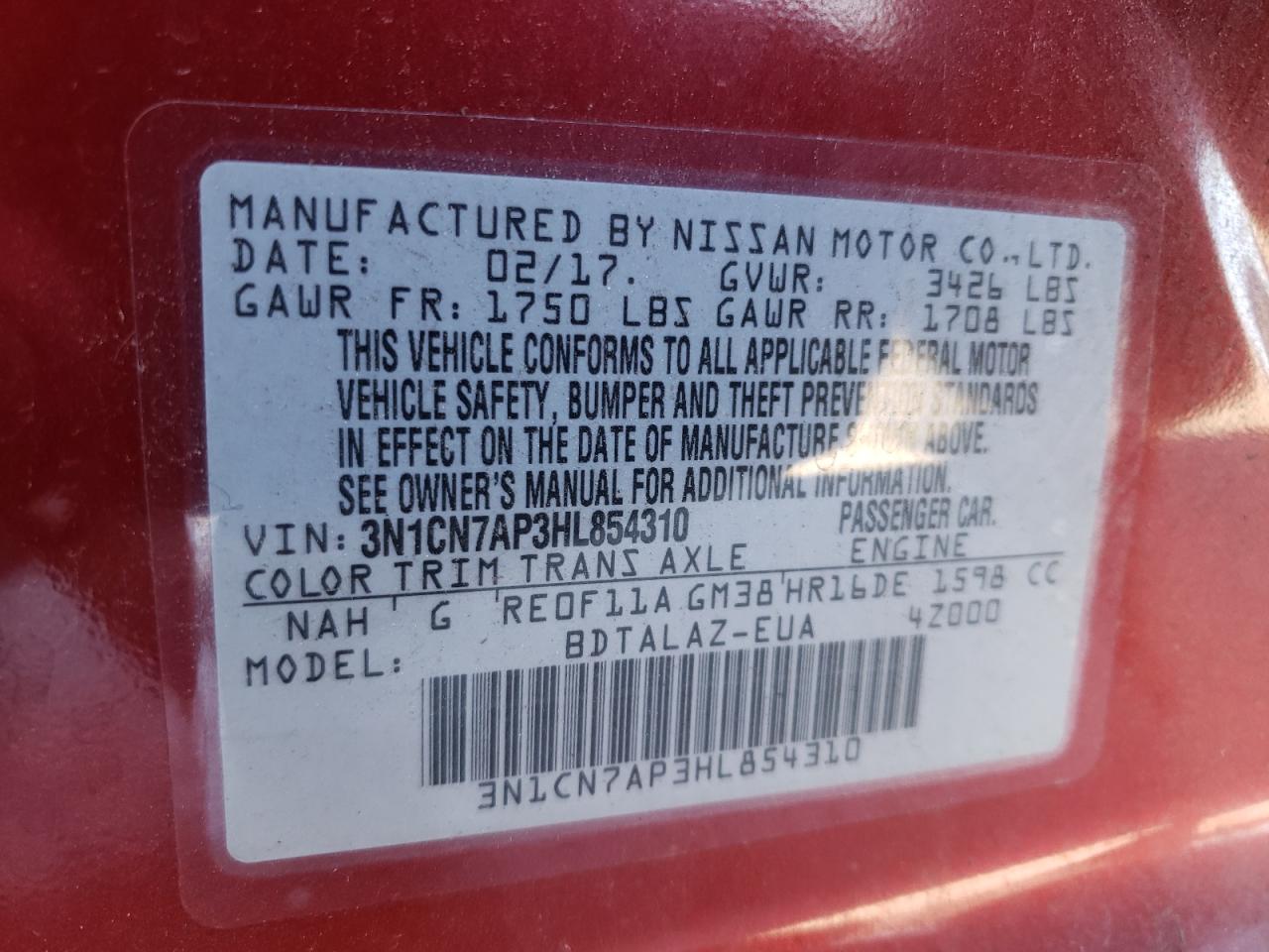 Photo 10 from auction – 2017 NISSAN VERSA S with VIN 3N1CN7AP3HL854310