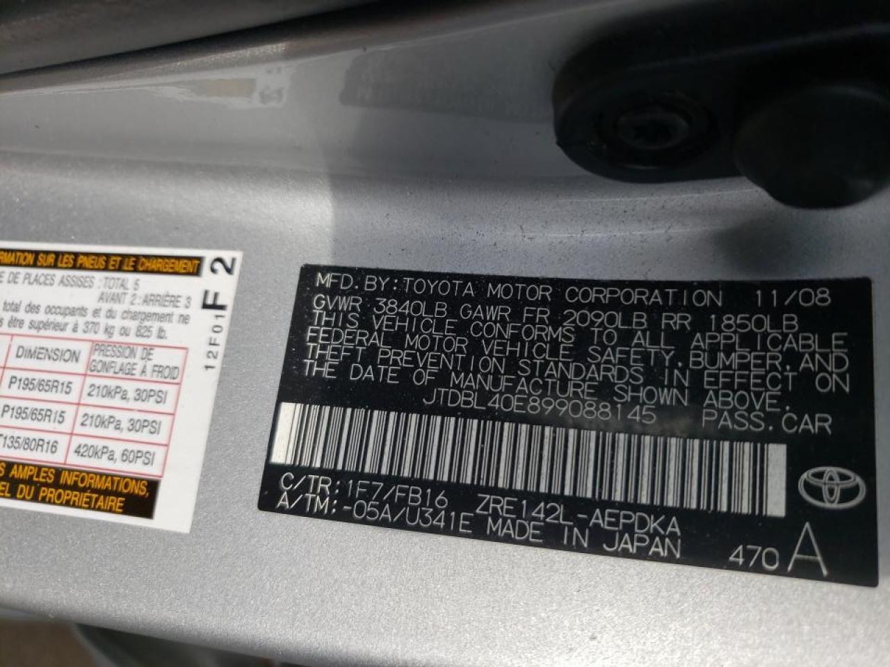 Photo 10 from auction – 2009 TOYOTA COROLLA BA with VIN JTDBL40E899088145