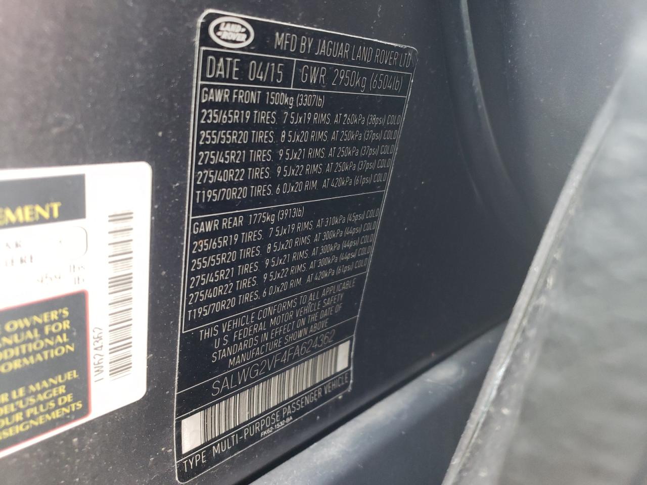 Photo 10 from auction – 2015 LAND ROVER RANGE ROVE with VIN SALWG2VF4FA624362