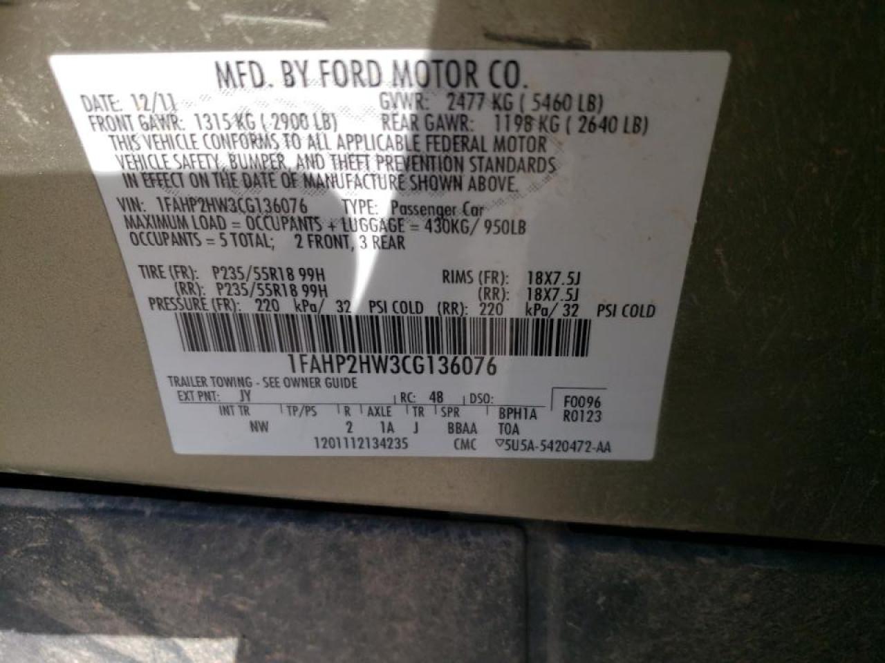 Photo 10 from auction – 2012 FORD TAURUS SEL with VIN 1FAHP2HW3CG136076