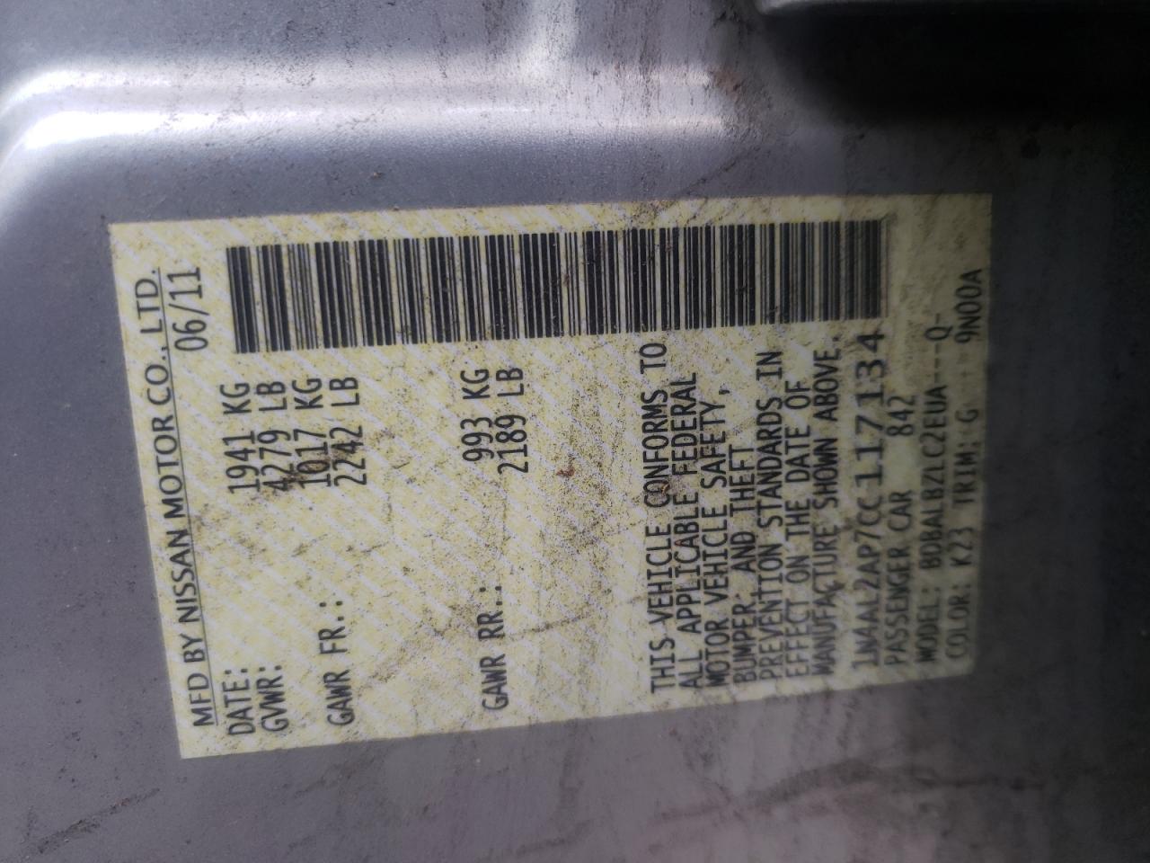 Photo 10 from auction – 2012 NISSAN ALTIMA BAS with VIN 1N4AL2AP7CC117134