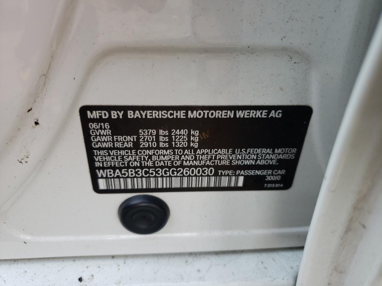Photo 10 from auction – 2016 BMW 535 XI with VIN WBA5B3C53GG260030