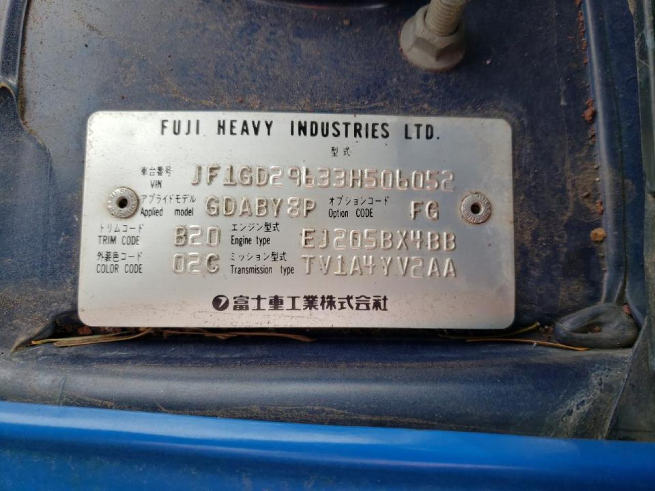 Photo 10 from auction – 2003 SUBARU IMPREZA with VIN JF1GD29633H506052