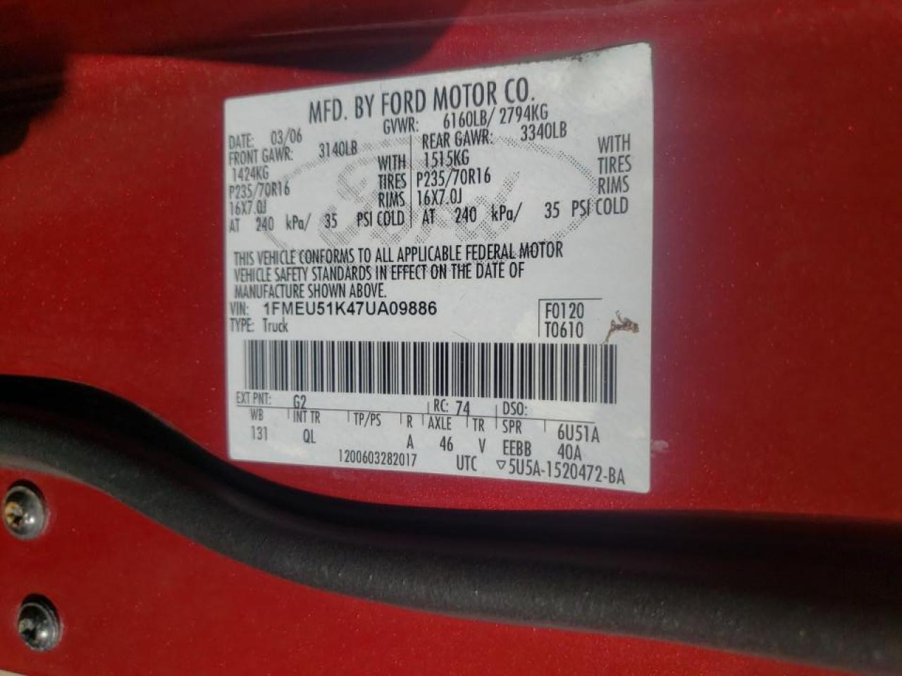 Photo 10 from auction – 2007 FORD EXPLORER S with VIN 1FMEU51K47UA09886
