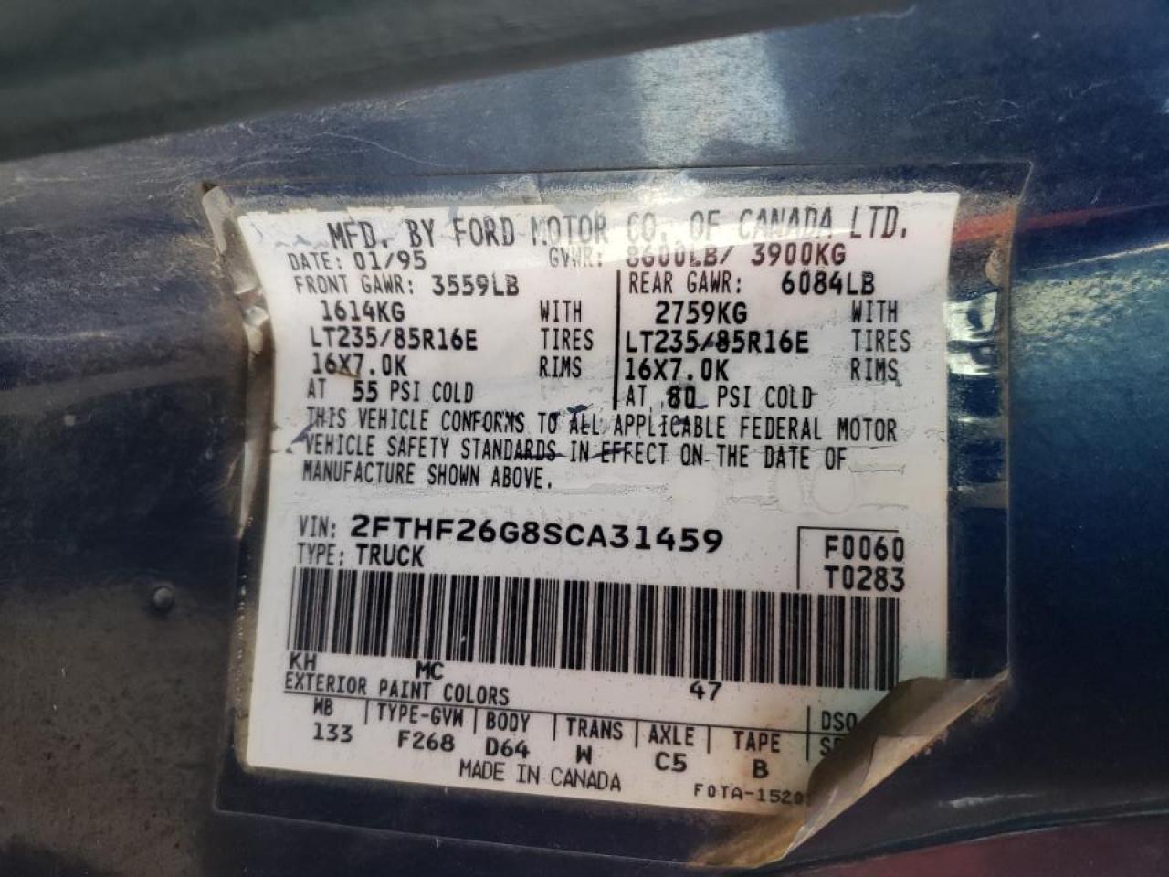 Photo 10 from auction – 1995 FORD F250 with VIN 2FTHF26G8SCA31459