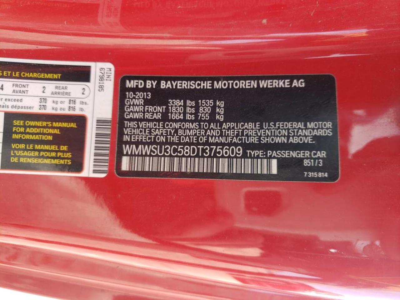 Photo 10 from auction – 2013 MINI COOPER with VIN WMWSU3C58DT375609