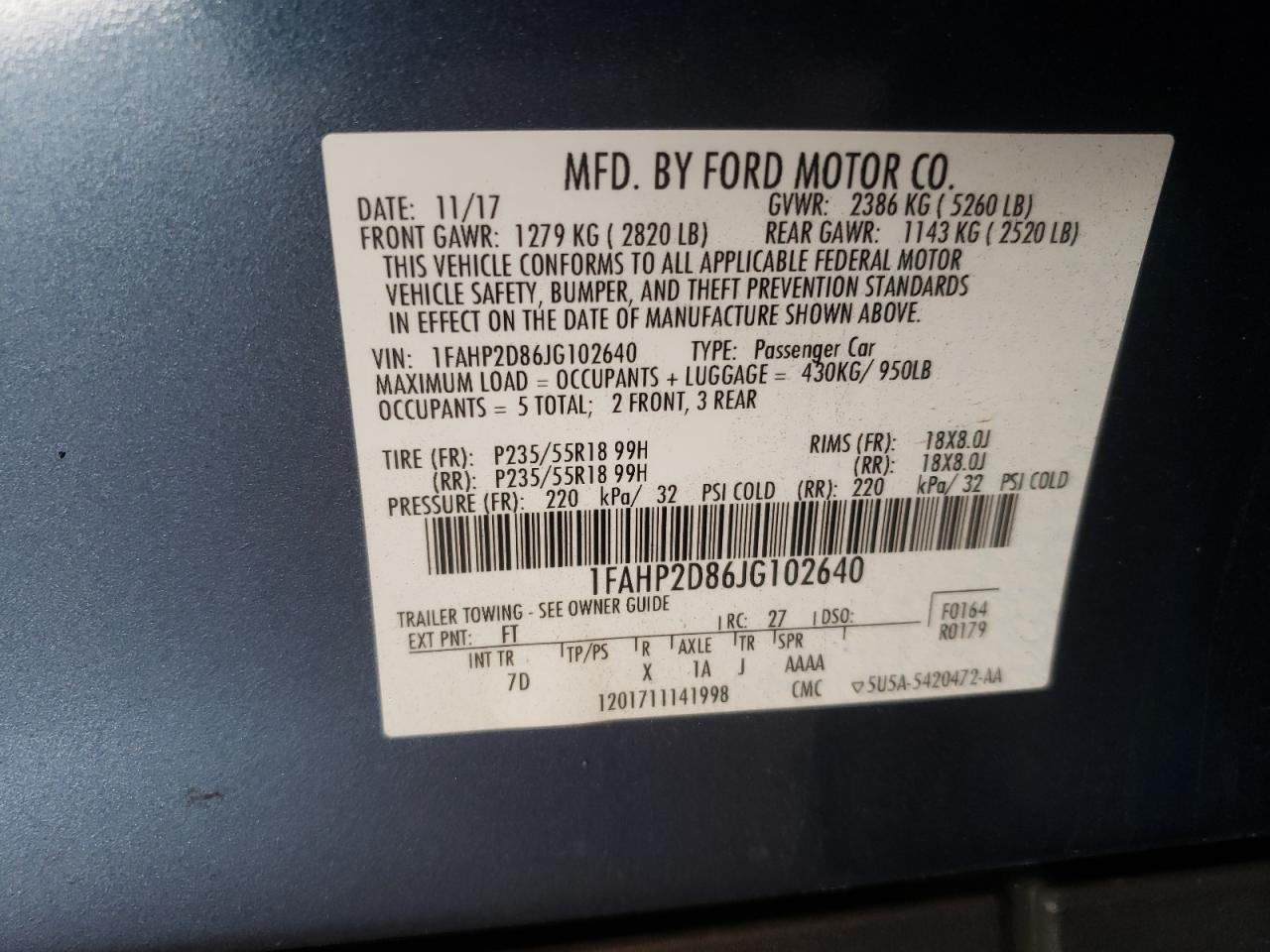 Photo 10 from auction – 2018 FORD TAURUS SE with VIN 1FAHP2D86JG102640