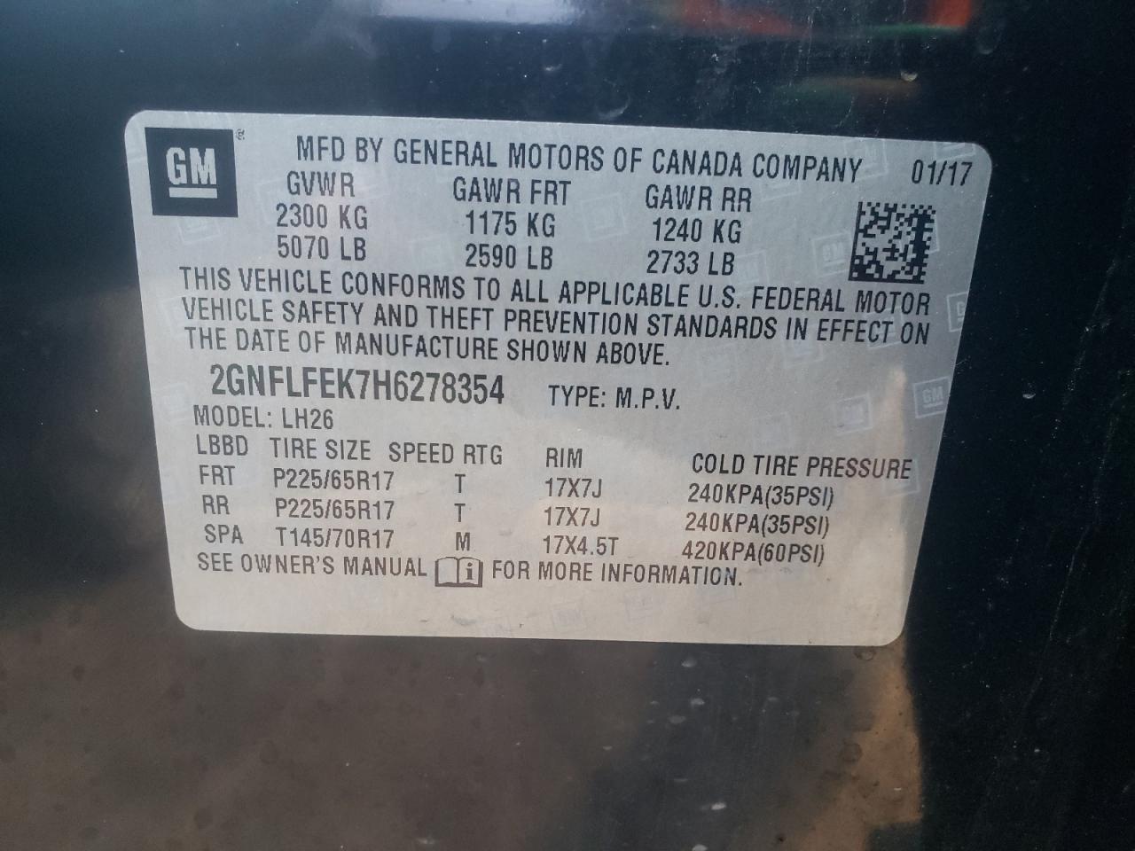 Photo 10 from auction – 2017 CHEVROLET EQUINOX LT with VIN 2GNFLFEK7H6278354