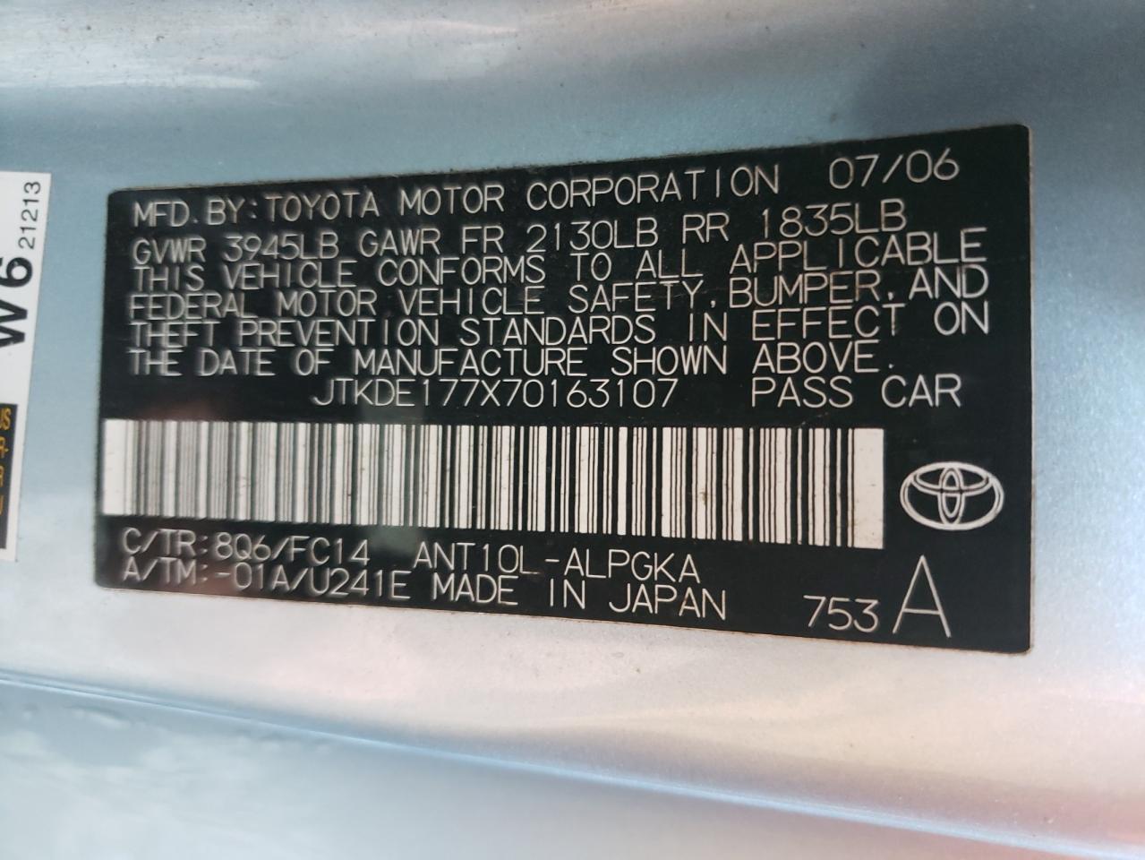 Photo 10 from auction – 2007 TOYOTA SCION TC with VIN JTKDE177X70163107