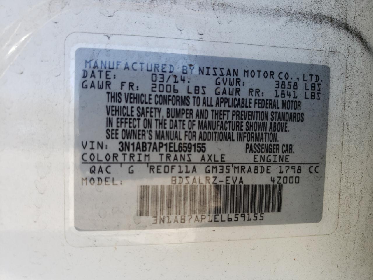 Photo 10 from auction – 2014 NISSAN SENTRA S with VIN 3N1AB7AP1EL659155