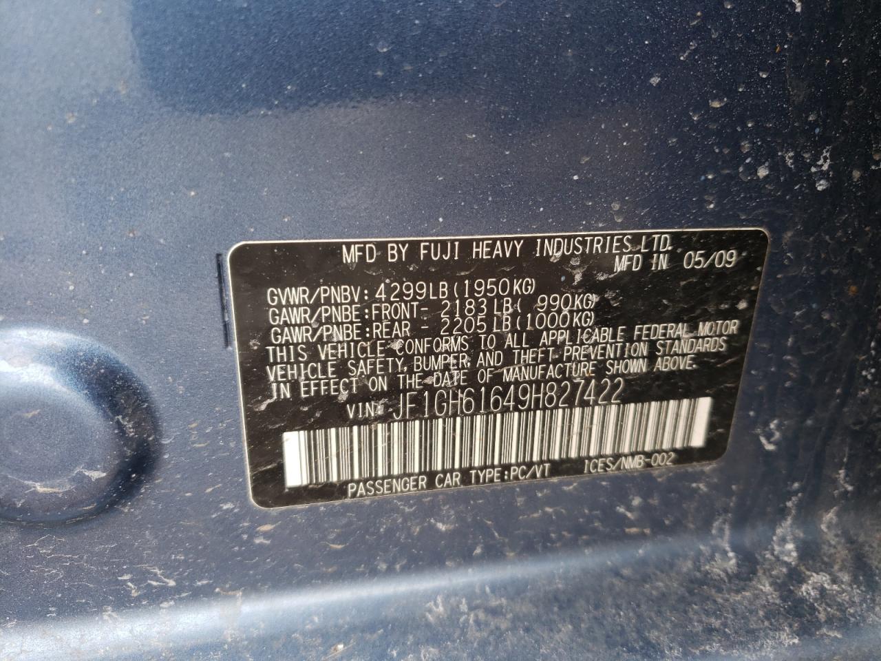 Photo 10 from auction – 2009 SUBARU IMPREZA with VIN JF1GH61649H827422