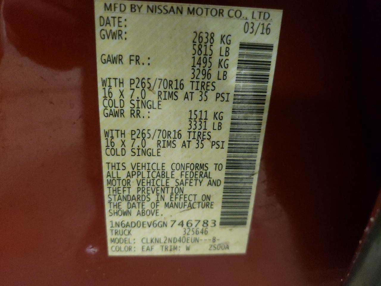 Photo 10 from auction – 2016 NISSAN FRONTIER S with VIN 1N6AD0EV6GN746783
