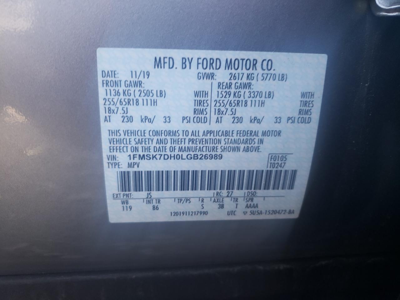 Photo 10 from auction – 2020 FORD EXPLORER X with VIN 1FMSK7DH0LGB26989