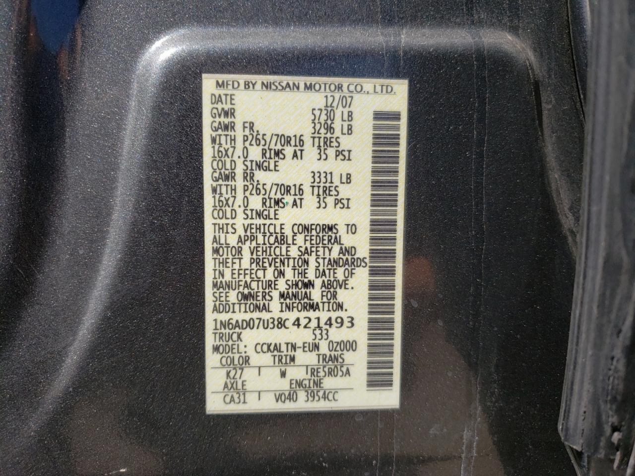 Photo 10 from auction – 2008 NISSAN FRONTIER C with VIN 1N6AD07U38C421493