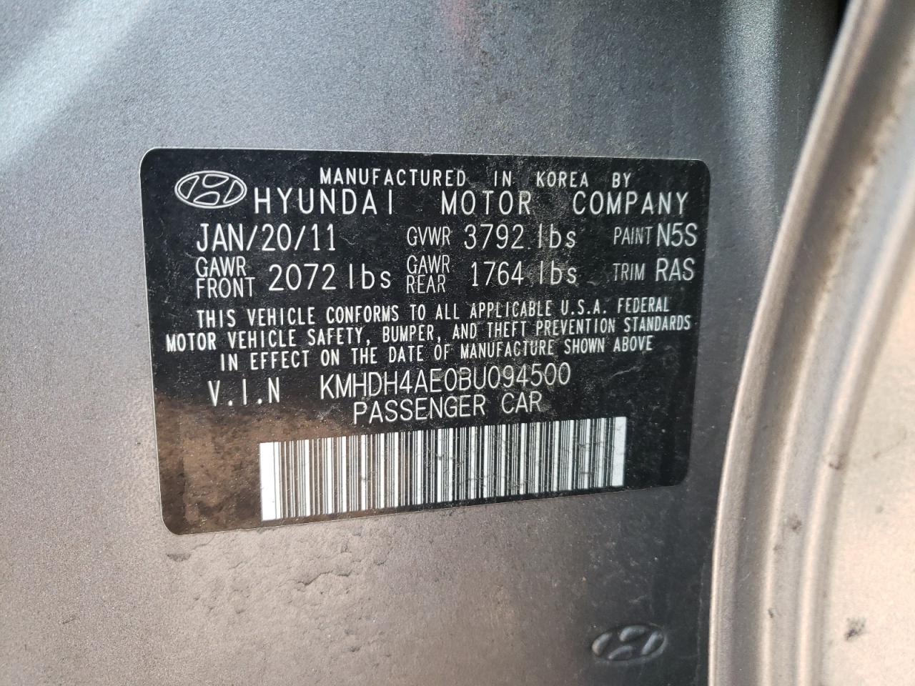 Photo 10 from auction – 2011 HYUNDAI ELANTRA GL with VIN KMHDH4AE0BU094500