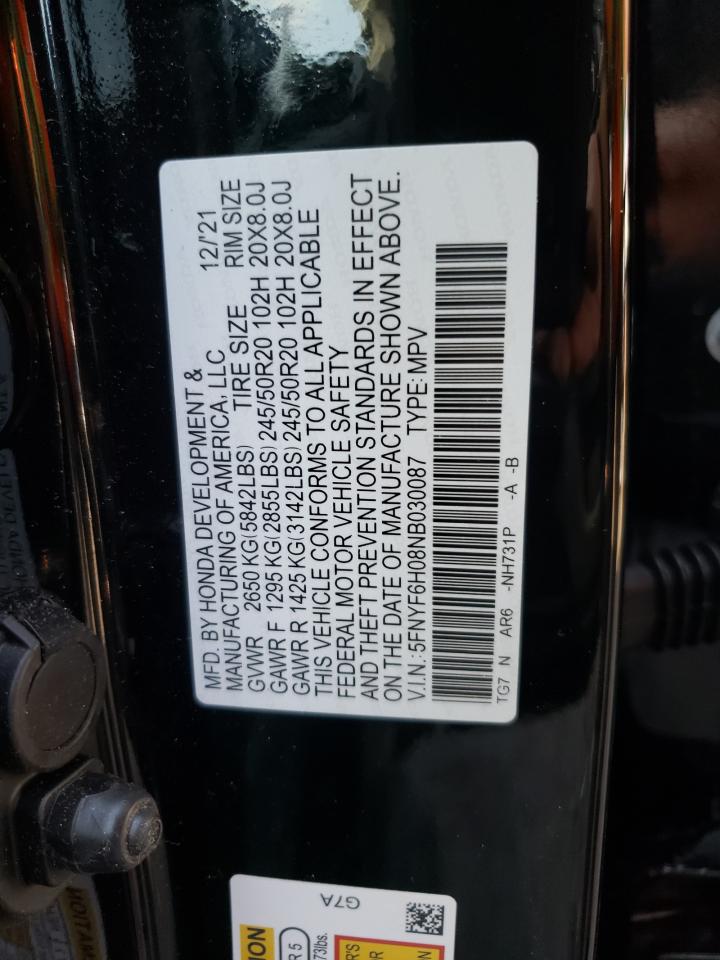Photo 10 from auction – 2022 HONDA PILOT ELIT with VIN 5FNYF6H08NB030087