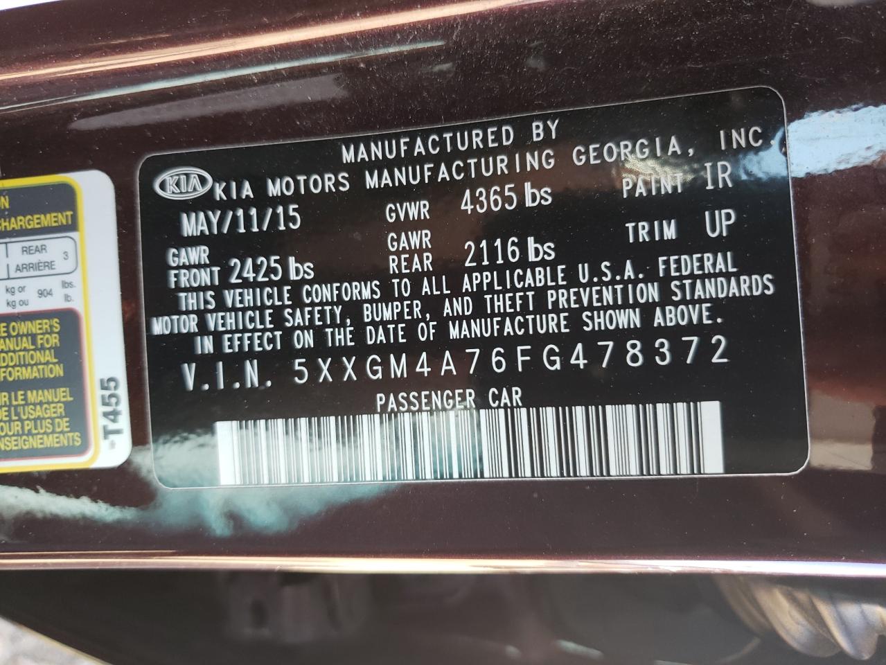 Photo 10 from auction – 2015 KIA OPTIMA LX with VIN 5XXGM4A76FG478372