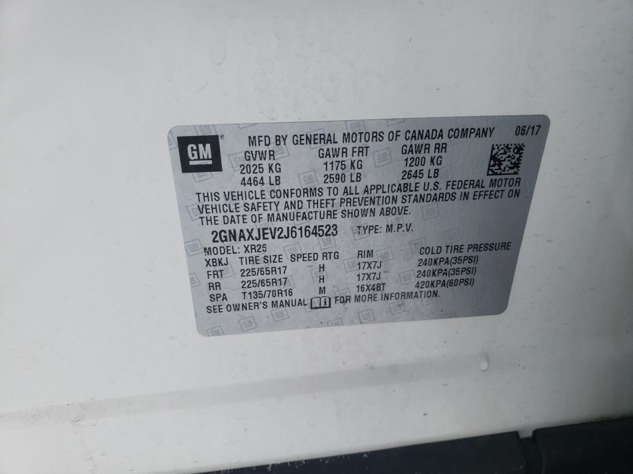 Photo 10 from auction – 2018 CHEVROLET EQUINOX LT with VIN 2GNAXJEV2J6164523