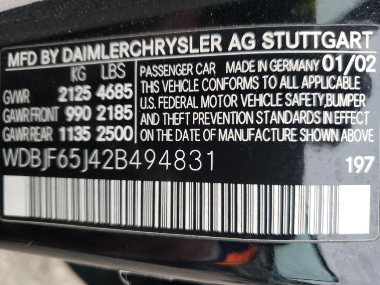 Photo 10 from auction – 2002 MERCEDES-BENZ E 320 with VIN WDBJF65J42B494831