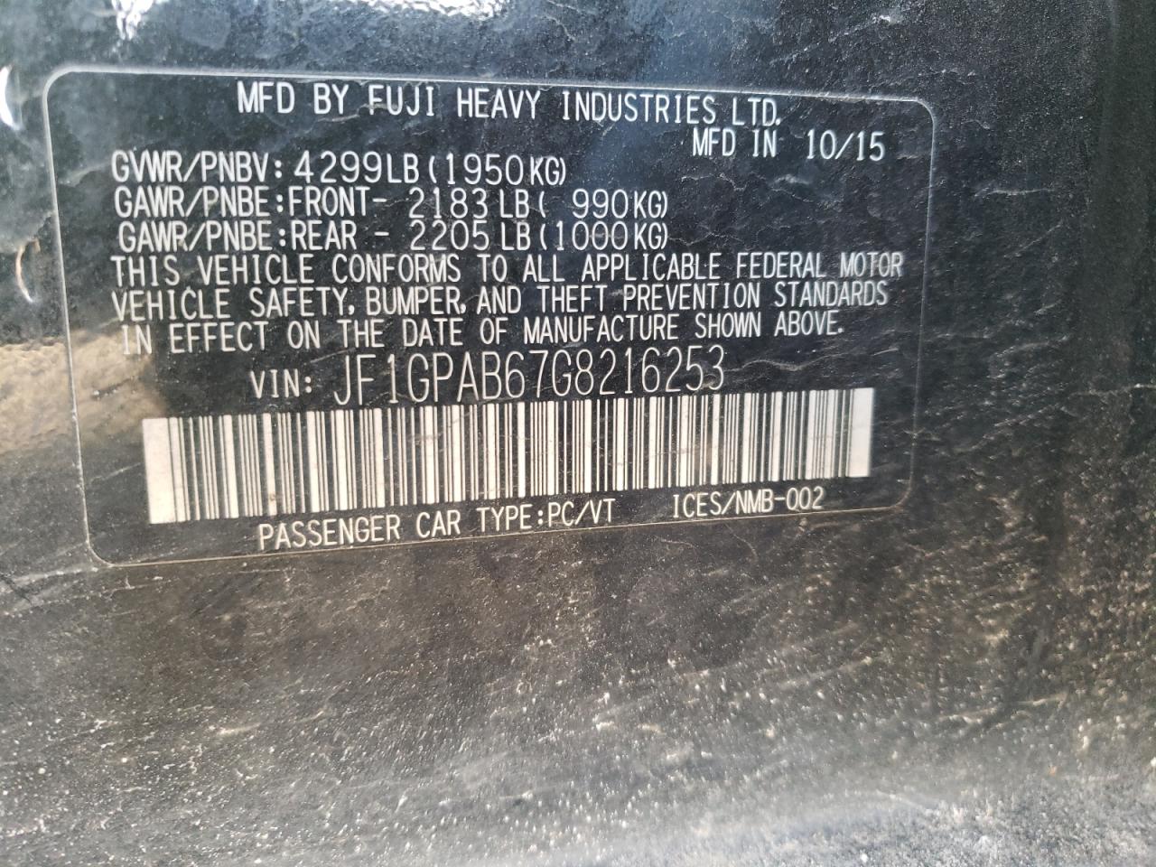 Photo 10 from auction – 2016 SUBARU IMPREZA PR with VIN JF1GPAB67G8216253