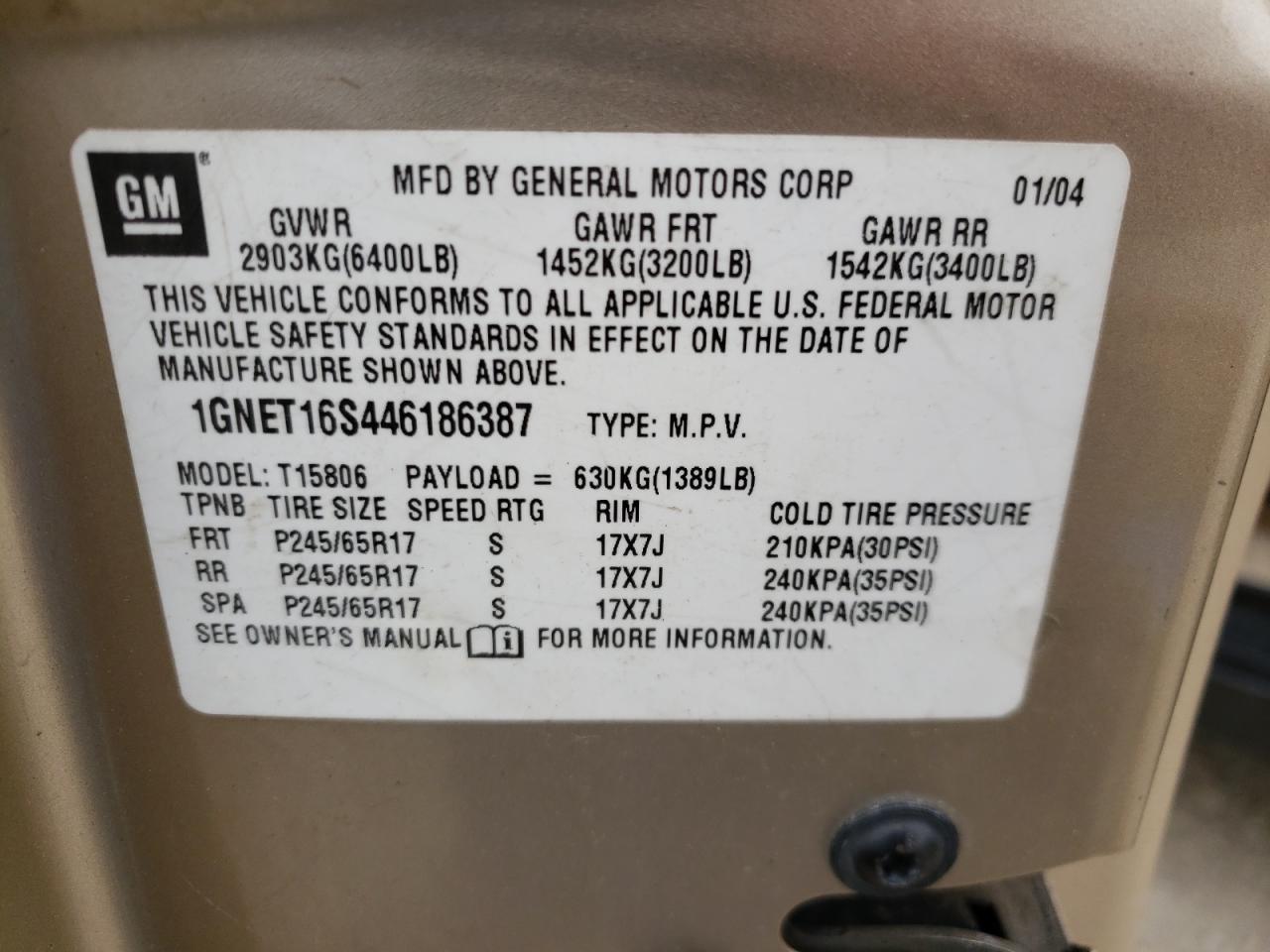 Photo 10 from auction – 2004 CHEVROLET TRAILBLAZE with VIN 1GNET16S446186387