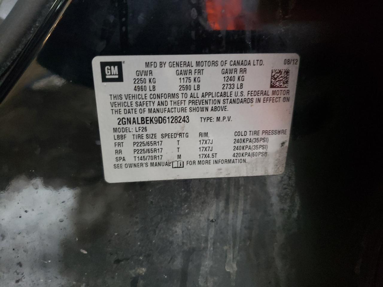 Photo 10 from auction – 2013 CHEVROLET EQUINOX LS with VIN 2GNALBEK9D6128243