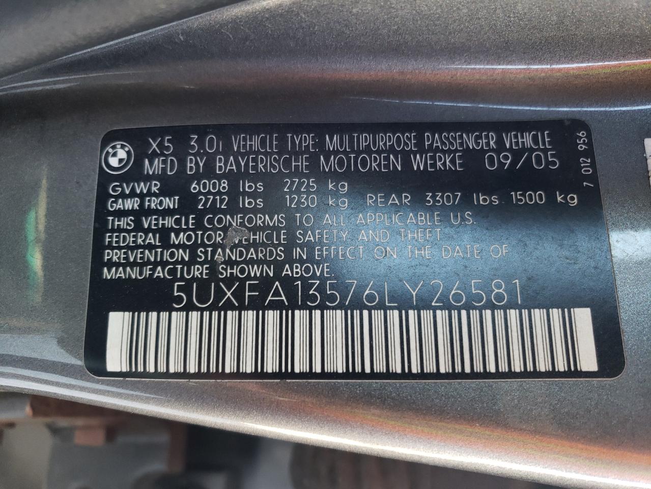 Photo 10 from auction – 2006 BMW X5 3.0I with VIN 5UXFA13576LY26581