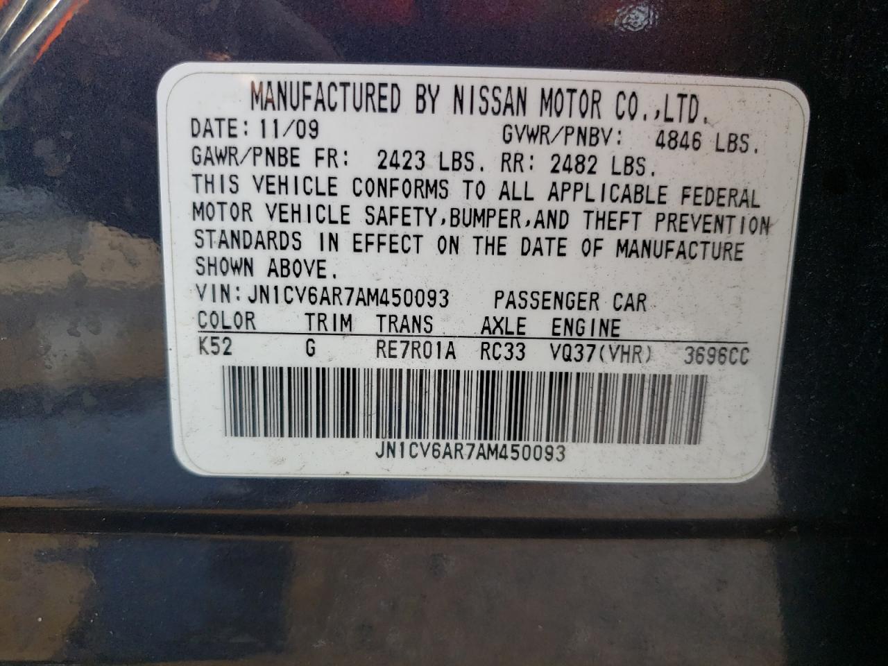 Photo 10 from auction – 2010 INFINITI G37 with VIN JN1CV6AR7AM450093