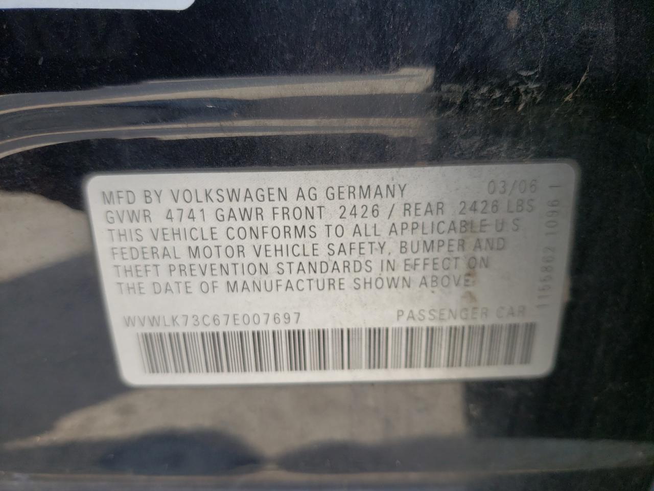 Photo 10 from auction – 2007 VOLKSWAGEN PASSAT 2.0 with VIN WVWLK73C67E007697