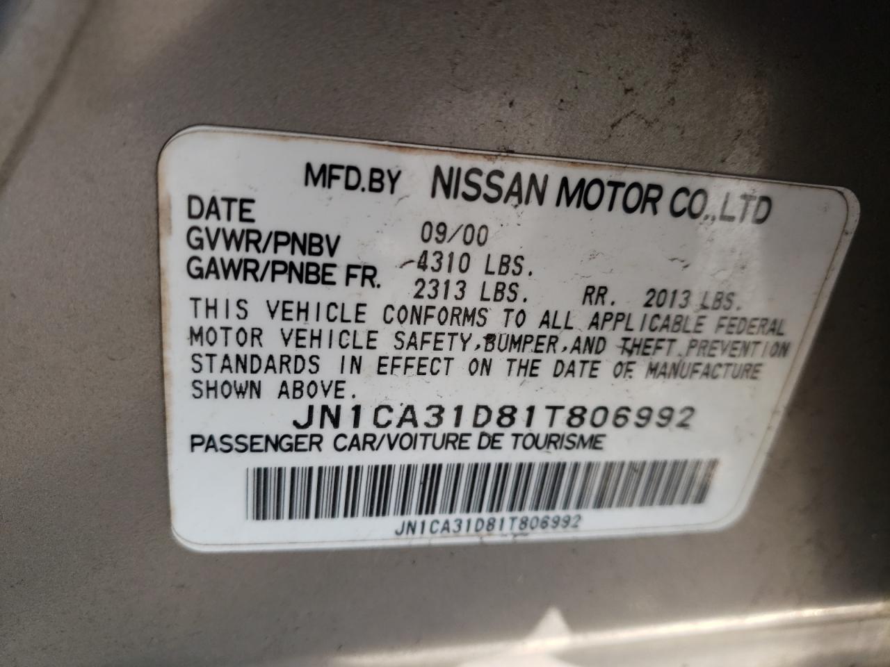 Photo 10 from auction – 2001 NISSAN MAXIMA GXE with VIN JN1CA31D81T806992