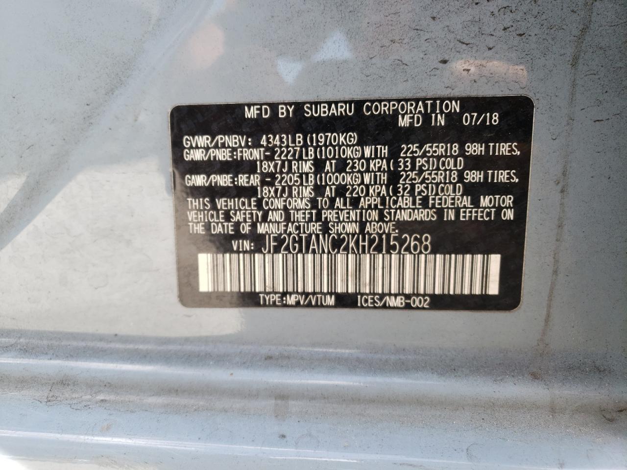 Photo 10 from auction – 2019 SUBARU CROSSTREK with VIN JF2GTANC2KH215268