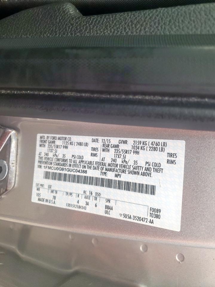 Photo 10 from auction – 2016 FORD ESCAPE SE with VIN 1FMCU0G91GUC04388