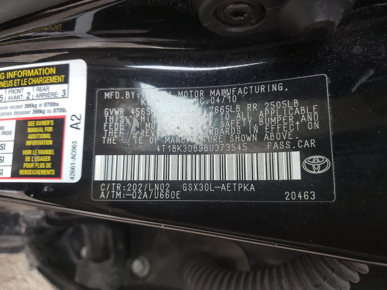 Photo 10 from auction – 2011 TOYOTA AVALON BAS with VIN 4T1BK3DB9BU373545