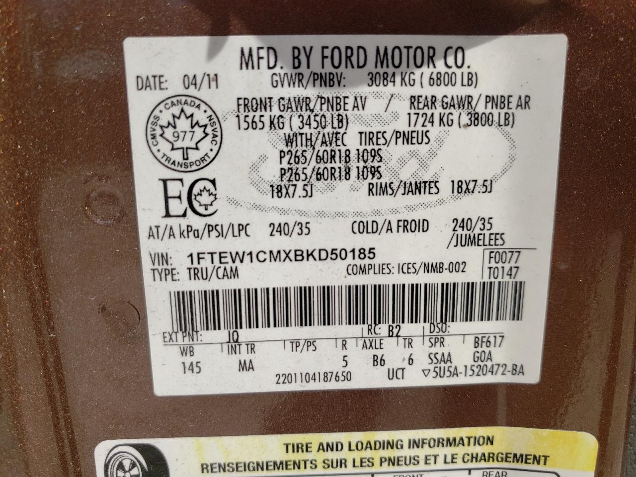Photo 10 from auction – 2011 FORD F150 SUPER with VIN 1FTEW1CMXBKD50185