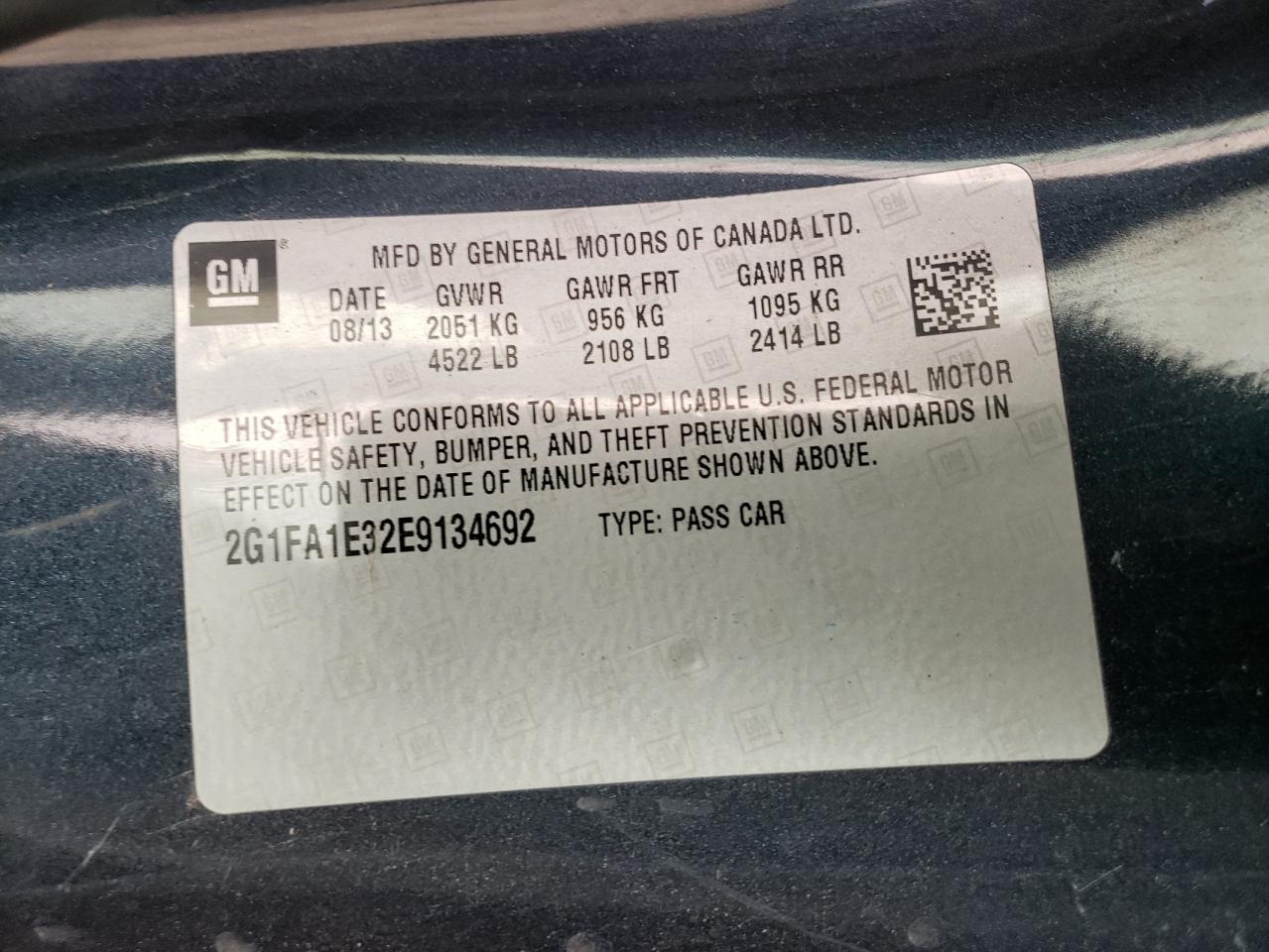 Photo 10 from auction – 2014 CHEVROLET CAMARO LS with VIN 2G1FA1E32E9134692