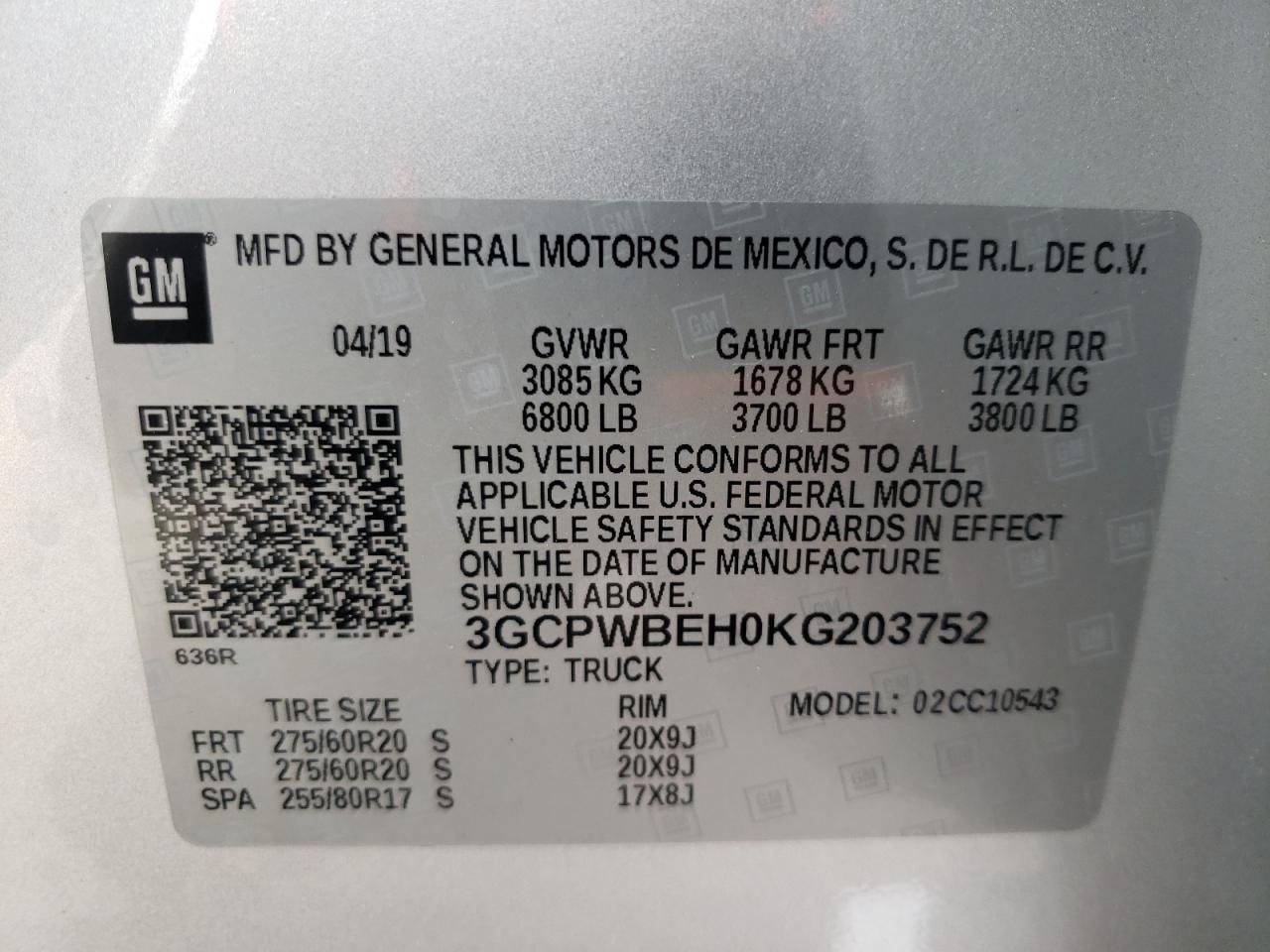 Photo 10 from auction – 2019 CHEVROLET SILVERADO with VIN 3GCPWBEH0KG203752