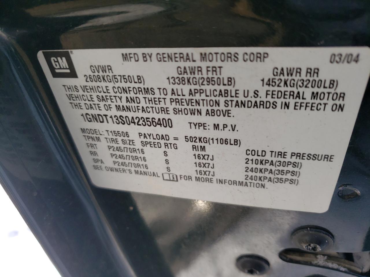 Photo 10 from auction – 2004 CHEVROLET TRAILBLAZE with VIN 1GNDT13S042356400
