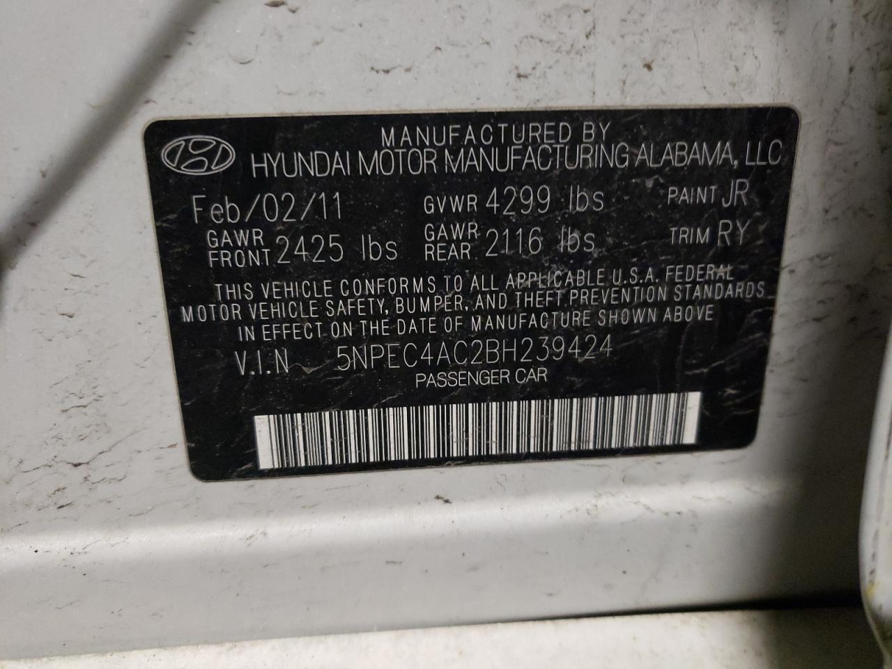 Photo 10 from auction – 2011 HYUNDAI SONATA SE with VIN 5NPEC4AC2BH239424
