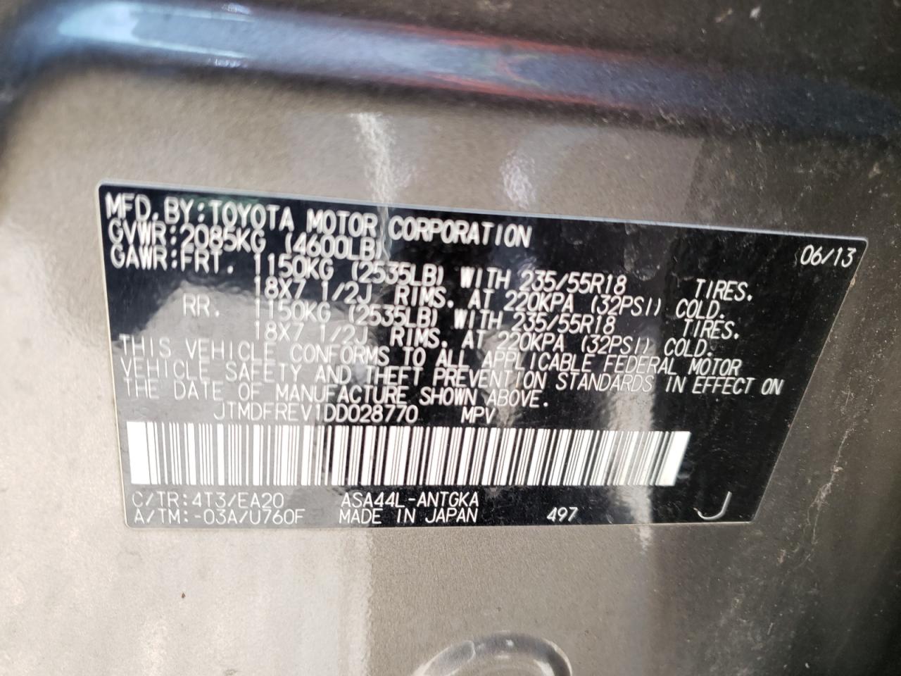 Photo 10 from auction – 2013 TOYOTA RAV4 LIMIT with VIN JTMDFREV1DD028770