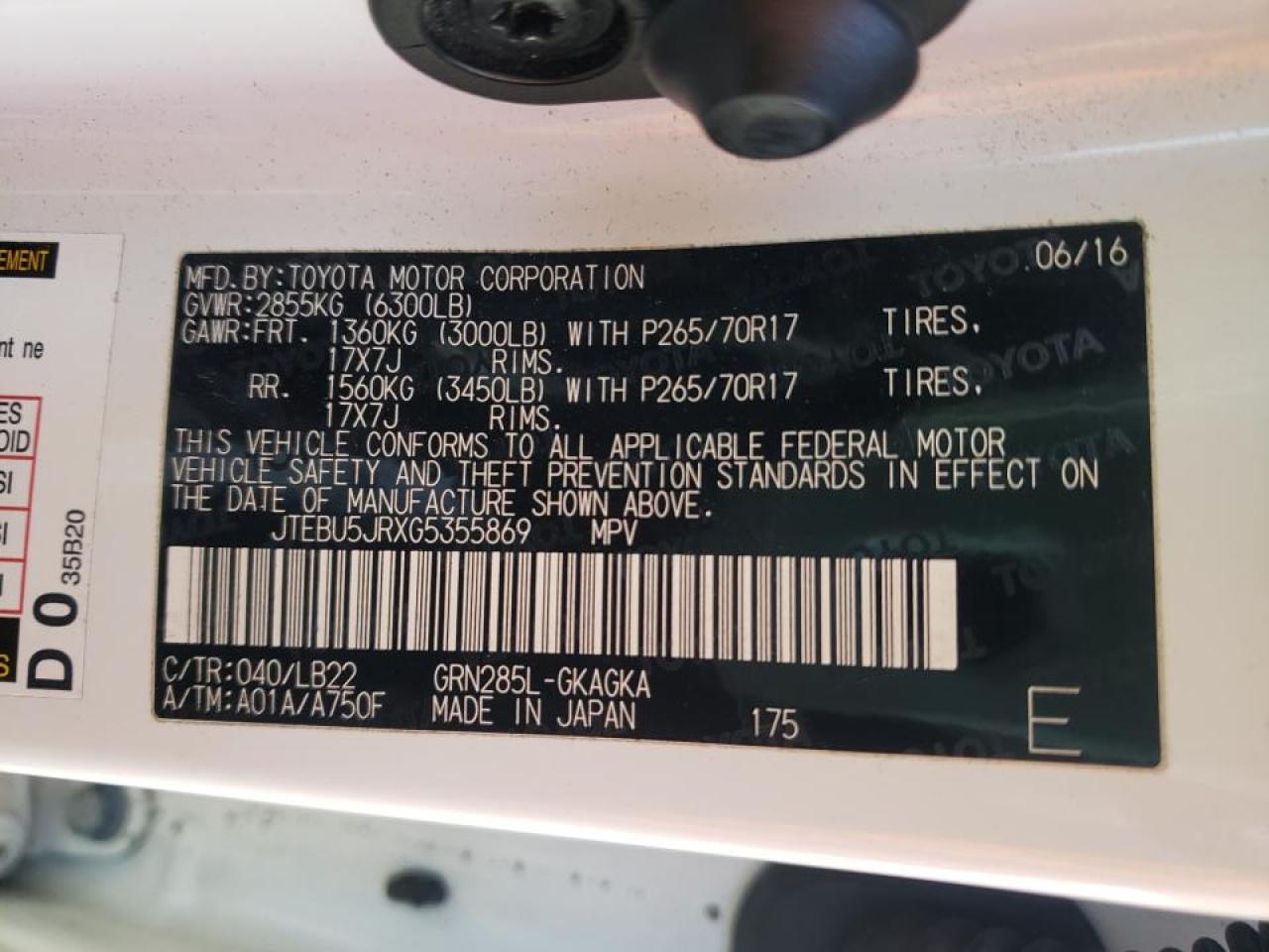 Photo 10 from auction – 2016 TOYOTA 4RUNNER SR with VIN JTEBU5JRXG5355869