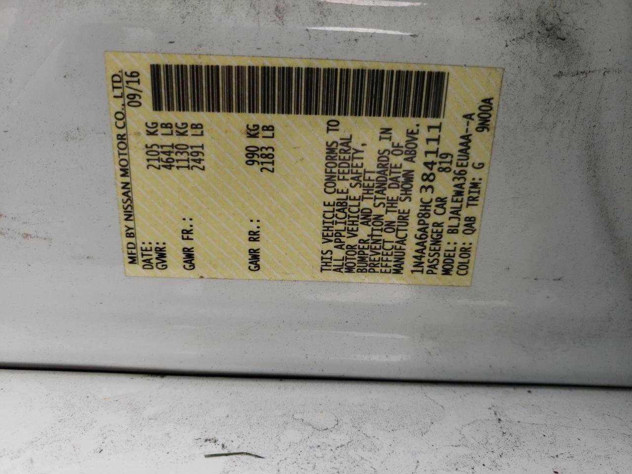 Photo 10 from auction – 2017 NISSAN MAXIMA 3.5 with VIN 1N4AA6AP8HC384111