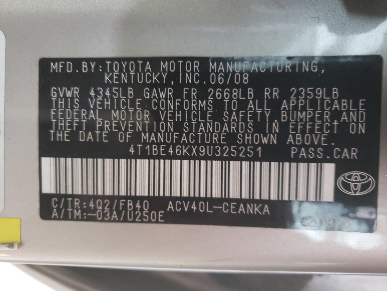 Photo 10 from auction – 2009 TOYOTA CAMRY BASE with VIN 4T1BE46KX9U325251