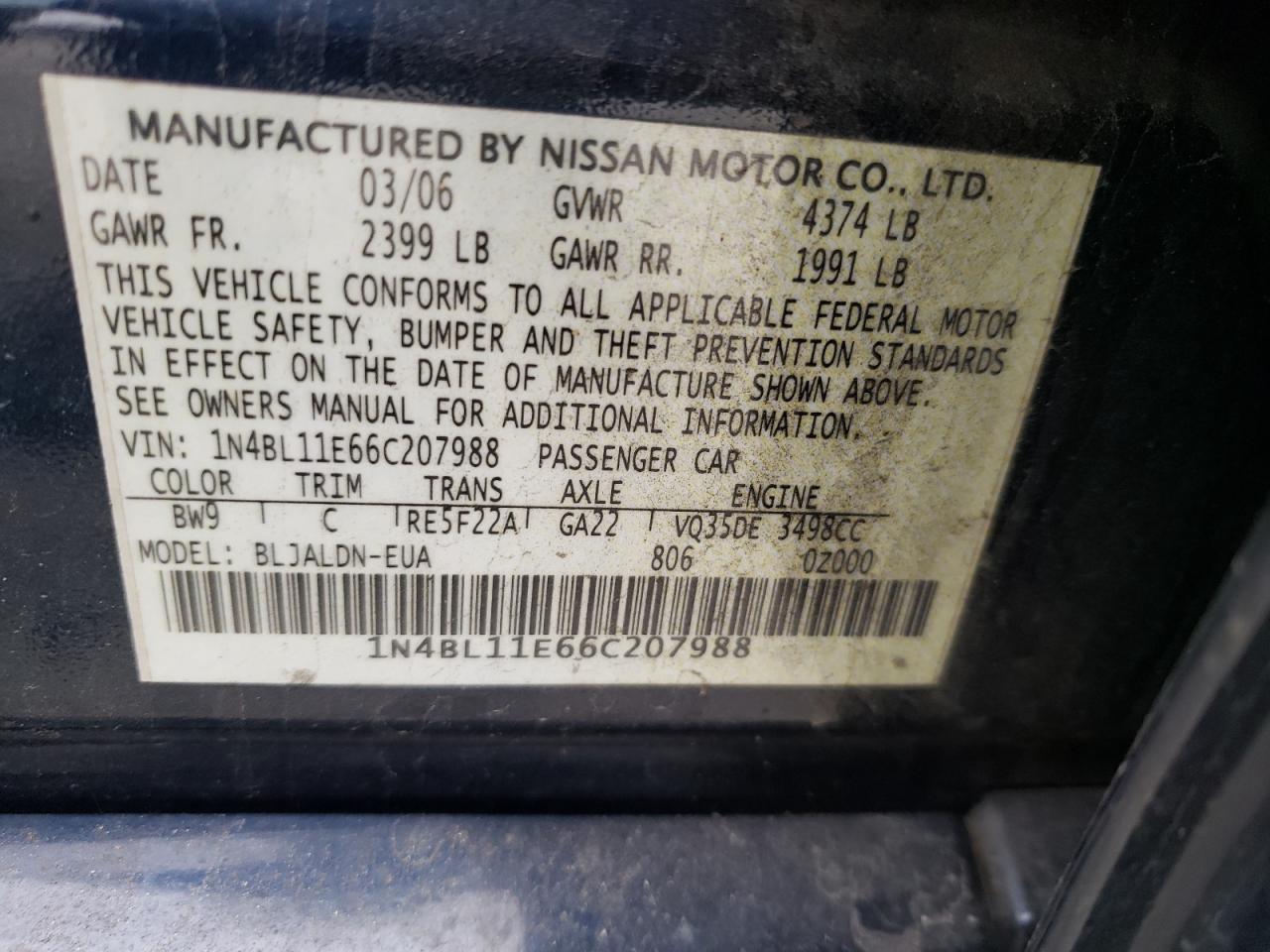 Photo 10 from auction – 2006 NISSAN ALTIMA SE with VIN 1N4BL11E66C207988