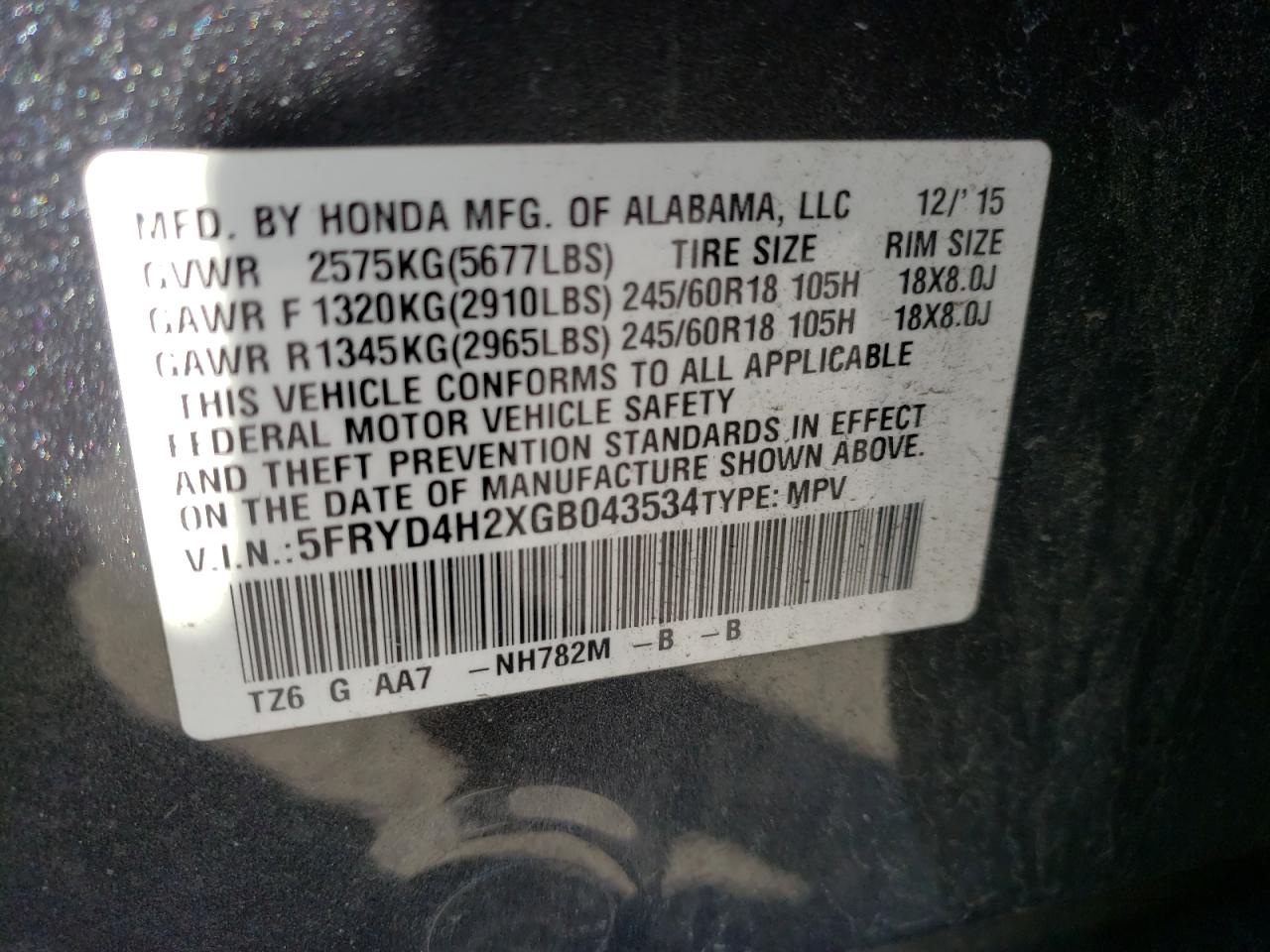 Photo 10 from auction – 2016 ACURA MDX with VIN 5FRYD4H2XGB043534